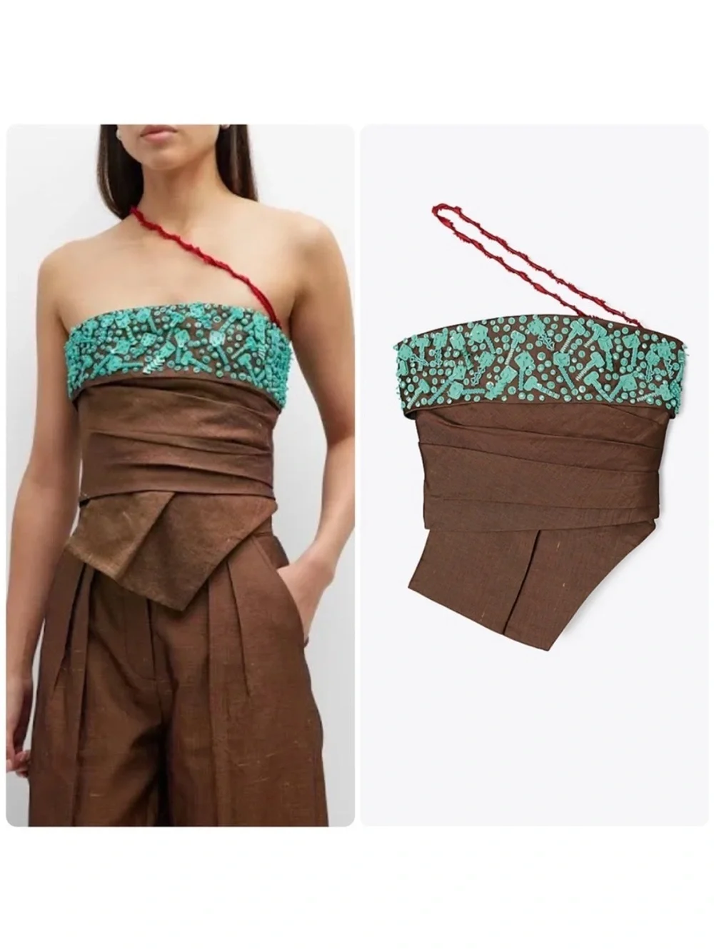 Tory Burch Lollipop Linen Beaded Strapless Bustier Top
